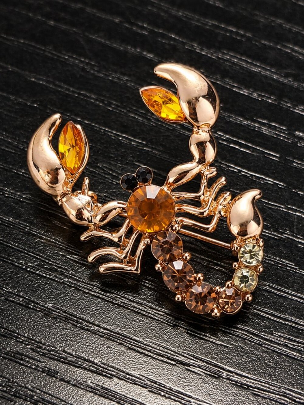 Gold Scorpion Brooch Pin Amber Brown Rhinestone Crystal Statement Jewelry